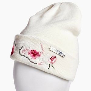 BEBE Women's Beanie Hat Ivory Sequin Embroidered
